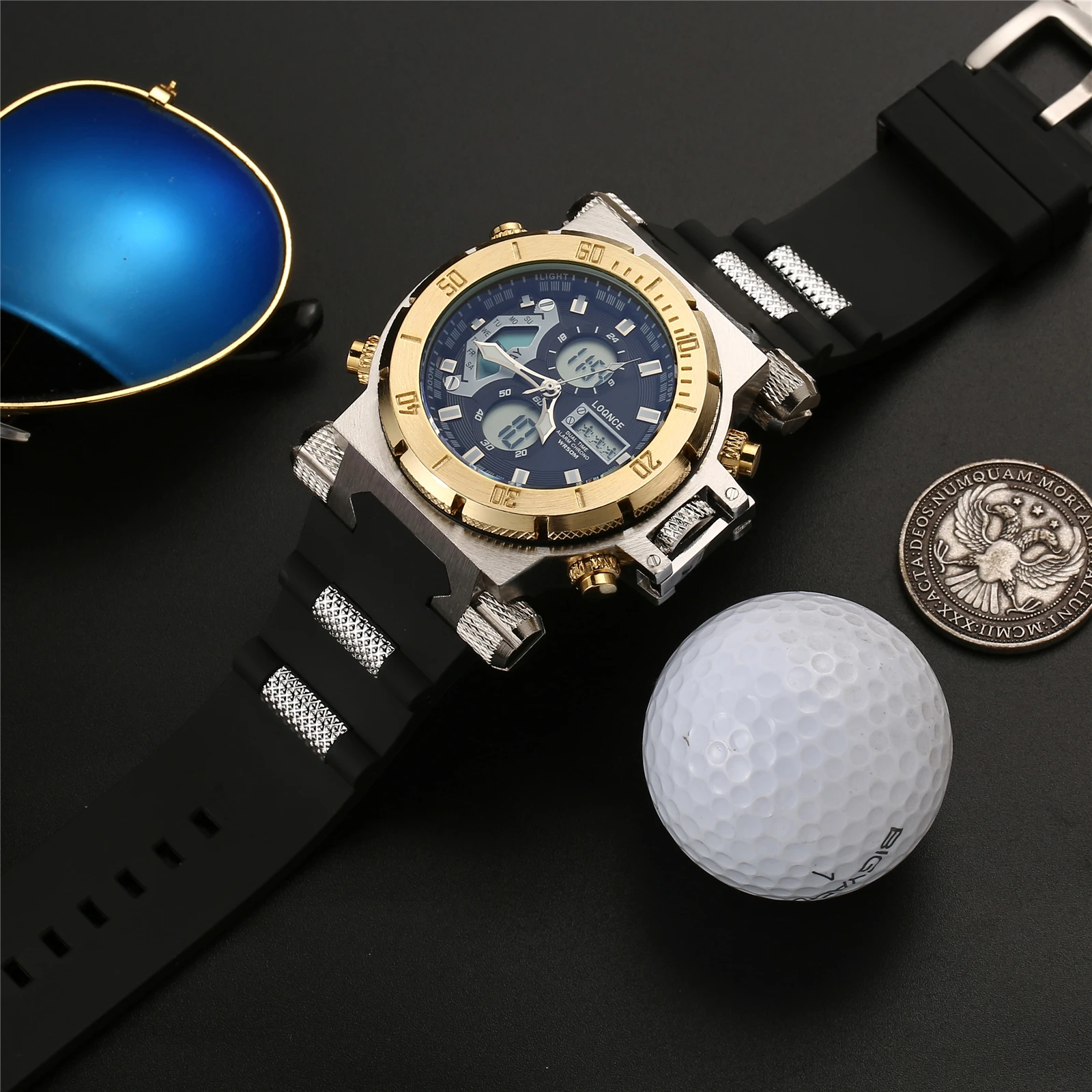 LOQNCE S8022 New Men's Watch Quartz Electronic Dual Movement Alarm Clock Calendar Week Multifunctional Men's Waterproof Watches