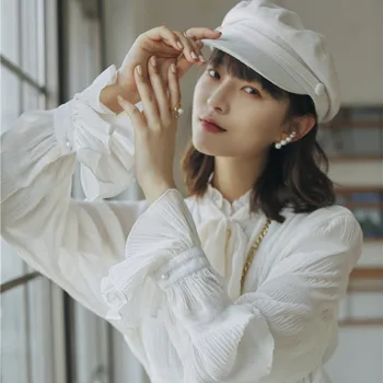 

COIGARSAM Ruffles Full Sleeve Shirt Womens tops Bow Women shirts Black Apricot 3131