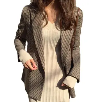 

Casual Women Lady Plaid Long Sleeve Lapel Double Breasted Blazer Suit Jacket Coat