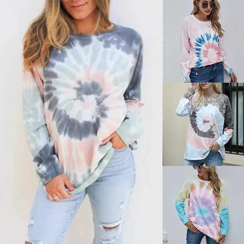 

2020 Autumn and Winter New Women's Clothing Casual Gradient Color Long Sleeve Tie Dyed Loose Top Round Neck Tops Sweater Female