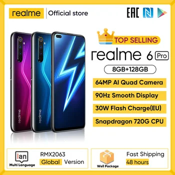 Перейти на Алиэкспресс и купить Realme 6 Pro мобильный телефон 6,6 дюймов 90 Гц Дисплей 64MP фотоаппарат 8 ГБ 128 Snapdragon 720G смартфон 4300 мА/ч, Батарея 30 Вт мгновенная зарядка