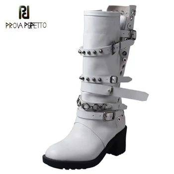 

belt buckle rivet handsome knight boots thick high-heeled mid-tube boots black white vintage leather bota