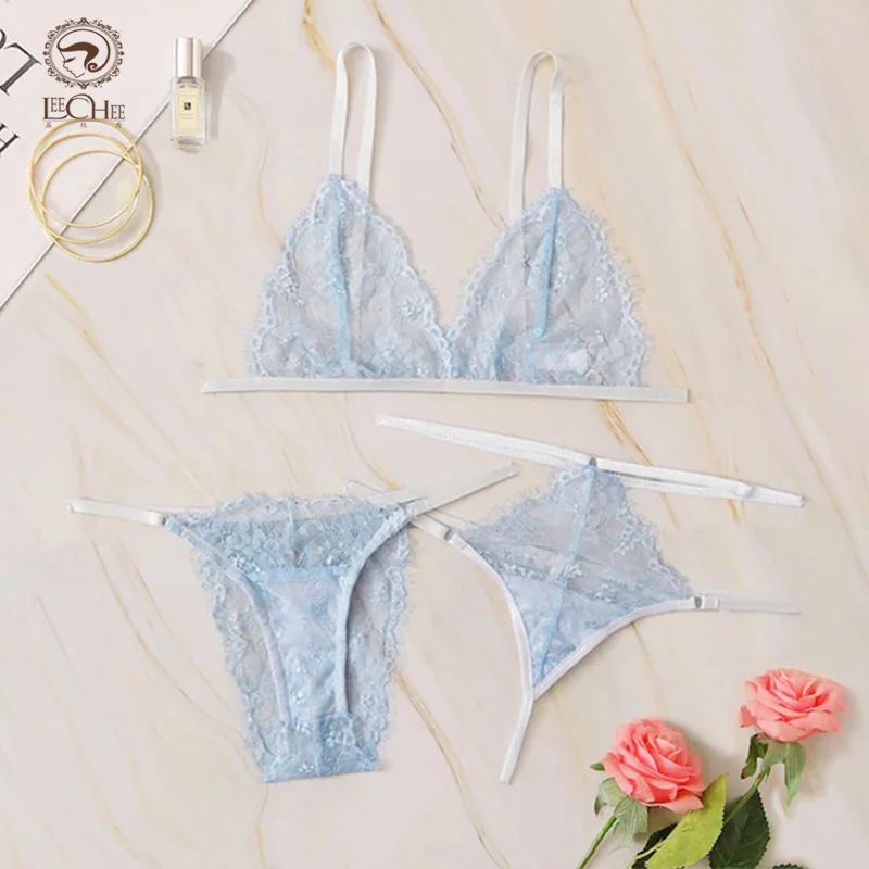 

Leechee Women's Underwear Lace Lingerie Sexy Female Set Erotic Lingerie Blue Bikini Set 3 Pieces Cute Kit Female Bralette Set