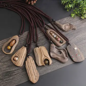 

Handmade Natural Sandalwood Pendant Necklace Long Sweater Chain Fashion Jewelry For Unisex Necklace