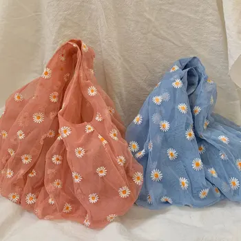 

Cute Mesh Shoulder Bags Women's New Casual Fresh Flower Embroidery Tote Handbag Bohemia Travel Shopping Bag Mochila Bolsa