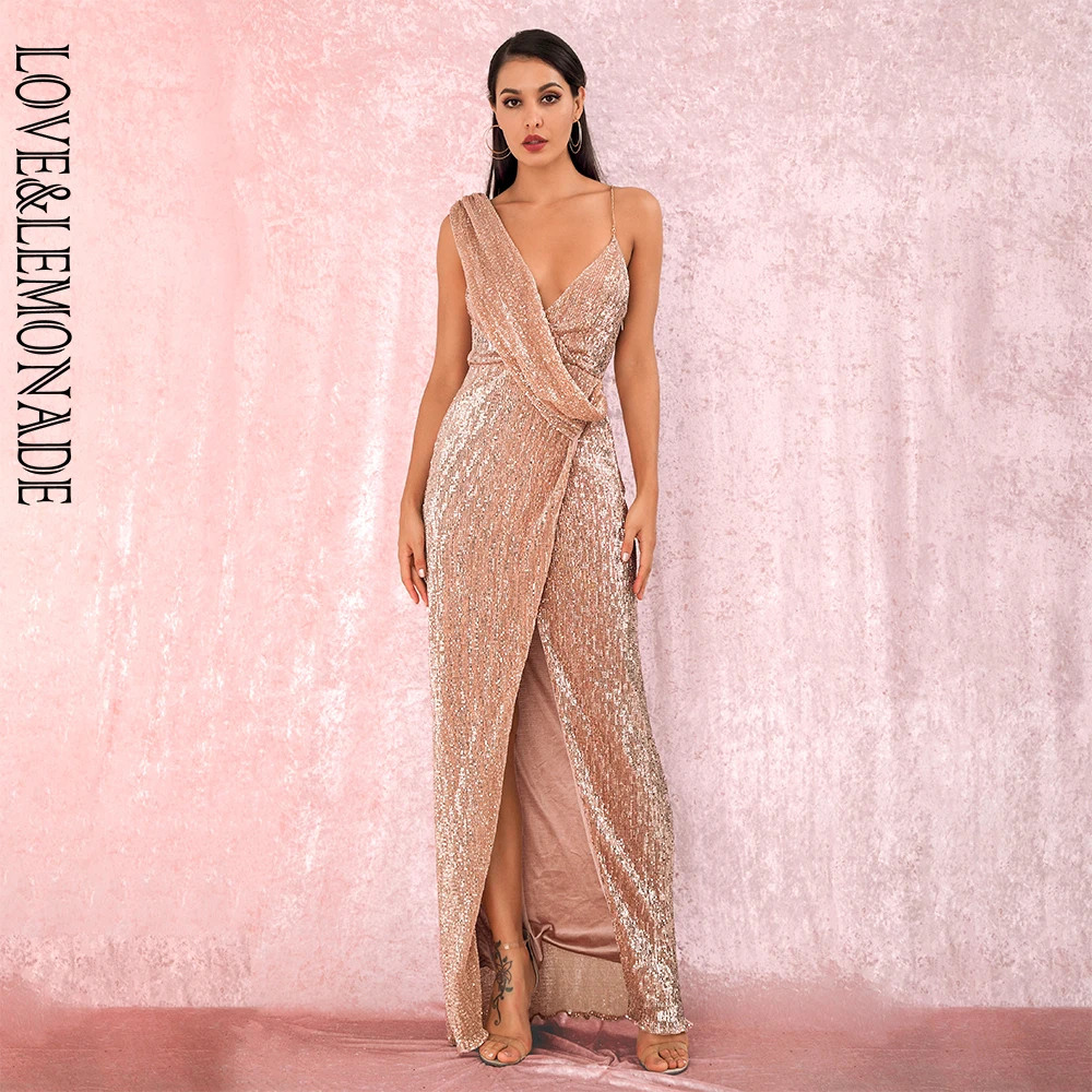 

LOVE&LEMONADE Sexy Rose Gold Deep V-Neck Whit Split Sequins Party Maxi Dress LM81849 Autumn/Winter