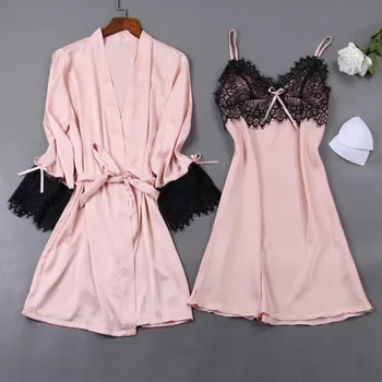 

Women Robe & Gown Sets Sexy Lace Sleep Lounge Pijama Long Sleeve Ladies Nightwear Bathrobe Night Dress with Chest Pads