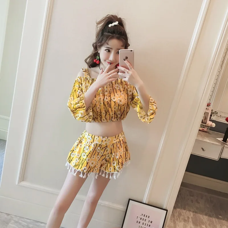 

Bathing Suits For Women Surfing Swimming Suit Girls Woman Bikini 2019 Swimsuit Print Condole Four Piece High Waist Trunks School