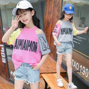 

Children Summer Clothes Set Girls T shirt + Denim Shorts Casual Sports Suits 2 Pcs Letter Kids Clothing Casual Tracksuit