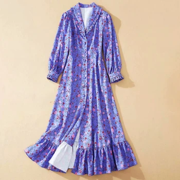 

HIGH QUALITY New Fashion 2020 Runway Dress Women's Turn-down Collar puff sleeve Ruffles Floral Print shirt Dress