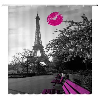 

Paris Eiffel Tower Shower Curtain, Romantic City Sexy Lip Print Bench Plant Vintage Gray Purple Bathroom Curtains Decor