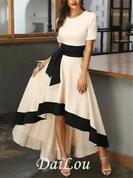 A-Line Mother of the Bride Dress Plus Size Jewel Neck Asymmetrical Satin Short Sleeve with Sash / Ribbon 2021