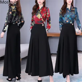 

2020 Spring Autumn Korean Elegant Two Piece Pants Suits Sets Women Printed Tops + Wide Leg Pants Suits Office Fashion Female Set