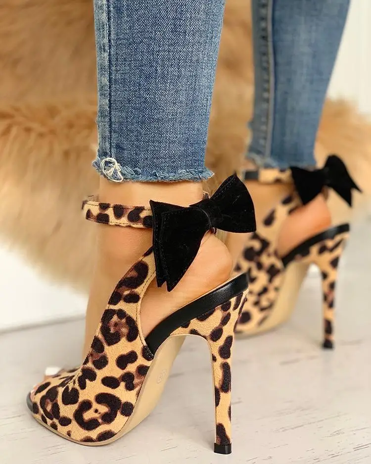 Leopard Bow Detail Thin Heeled Sandals Peep Toe Ankle Strap Bow Design Cut  Out Sexy Shoes - Women's Sandals - AliExpress