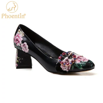 

Phoentin 2020 flower Print pumps women's Rhinestone Buckle Round Toe High Heels ladies elegant slip on Party shoes autumn FT1160