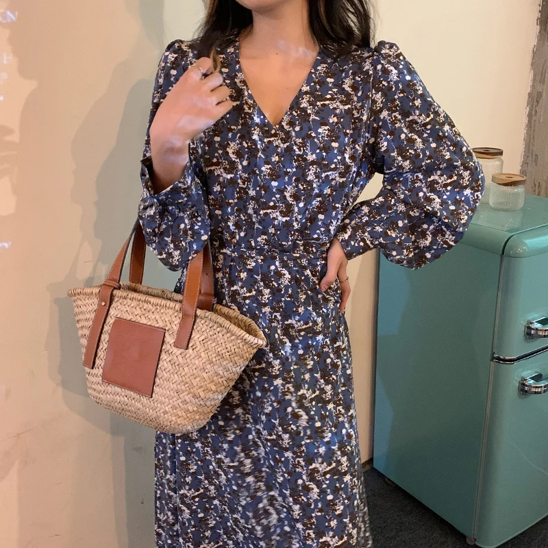 

Spring Autumn New Fashion Women Floral V-Neck Waist Slimming Long Puff Sleeve Dress