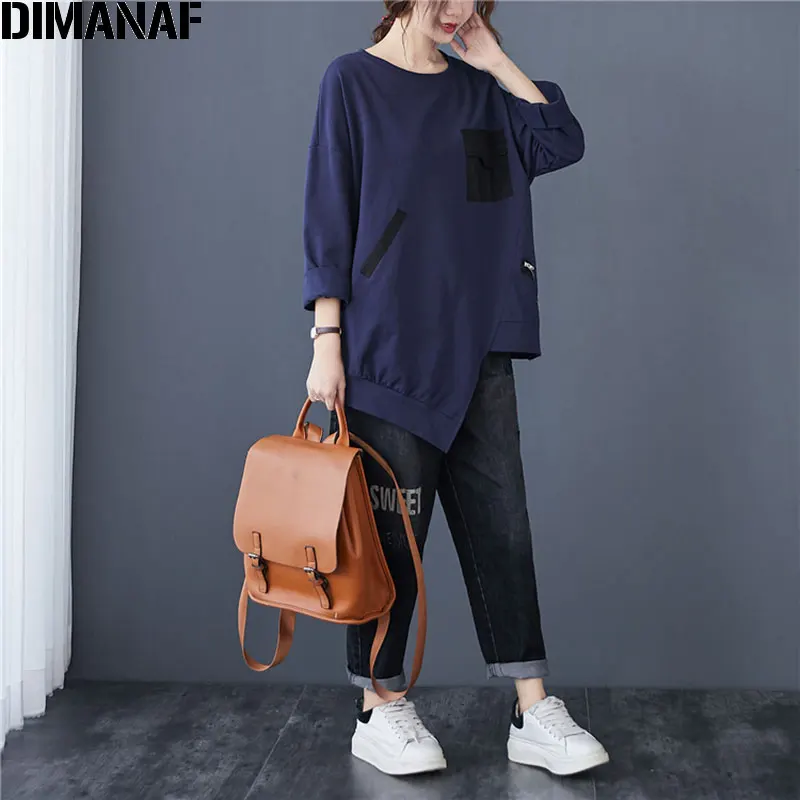 DIMANAF 2020 Plus Size Women T-Shirt Casual Vintage Patchwork Zipper Pullover Cotton Solid Autumn Tee Shirt New Big Size Tops