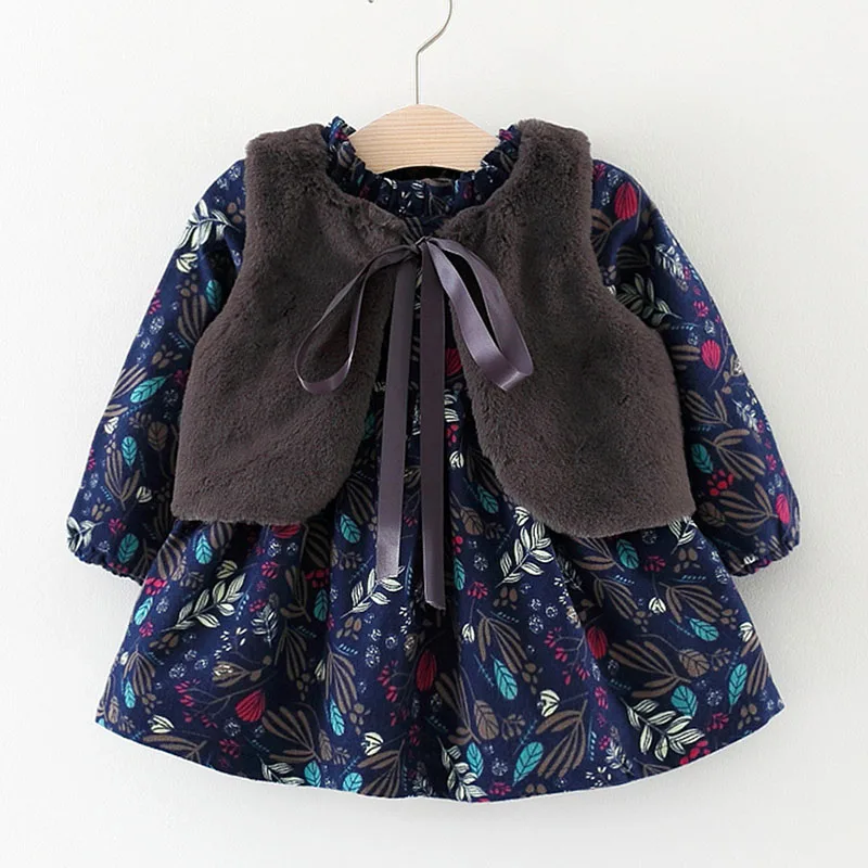 Halilo/зимние платья для маленьких девочек; бархатная теплая осенняя одежда с цветочным принтом для малышей; костюмы принцессы; рождественское платье для девочек - Цвет: Navy Blue
