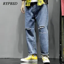 Потертые джинсы Мужская хип-хоп мода японский тренд потертые джинсы мужские с буквенным принтом размера плюс свободные прямые джинсы для мужчин