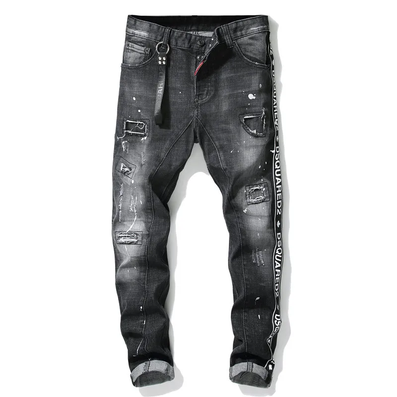 

European Italian men's brand jeans black jeans men's slim jeans casual pants black ripped jeans men