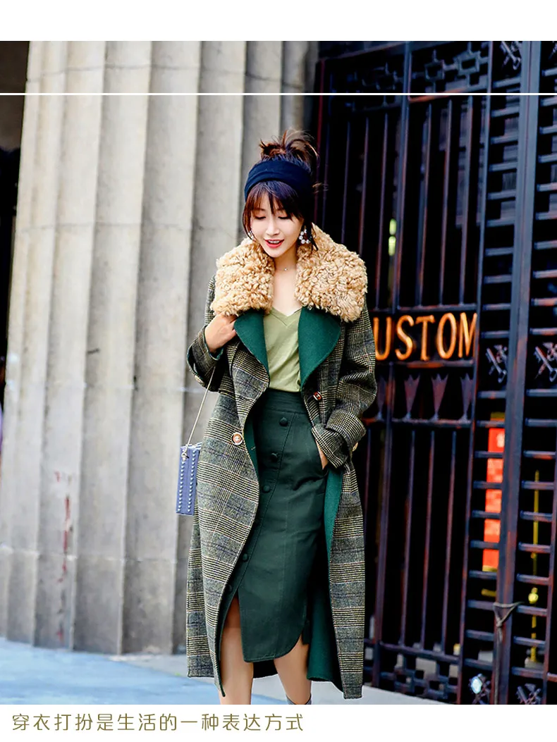 AYUNSUE Настоящее шерстяное пальто Женская куртка зимняя куртка женская шерстяная Меховой воротник шерстяной пальто и куртки Женская Корейская длинная куртка MY - Цвет: dark green plaid