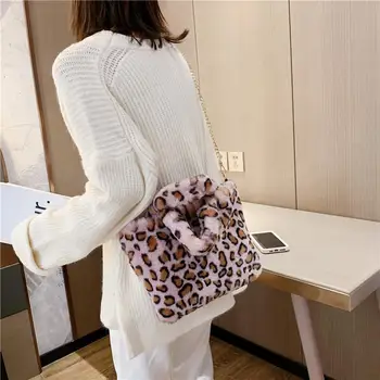 

Fashion Woman Leopard Pattern Plush Handbags Autumn And Winter Shoulder Bag