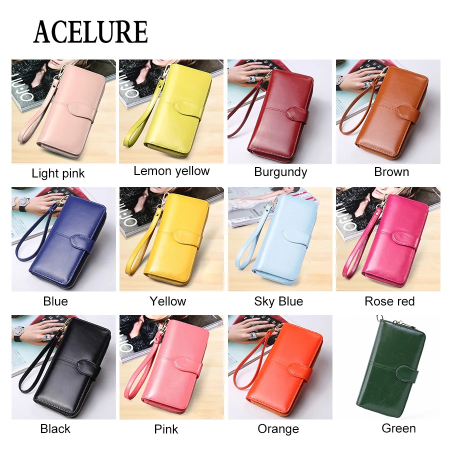 ACELURE Solid Color Women Long Wallets Simple Style Zipper& Hasp Purse With Card Holder Oil Wax Pu Leather Ladies Daily Wallet