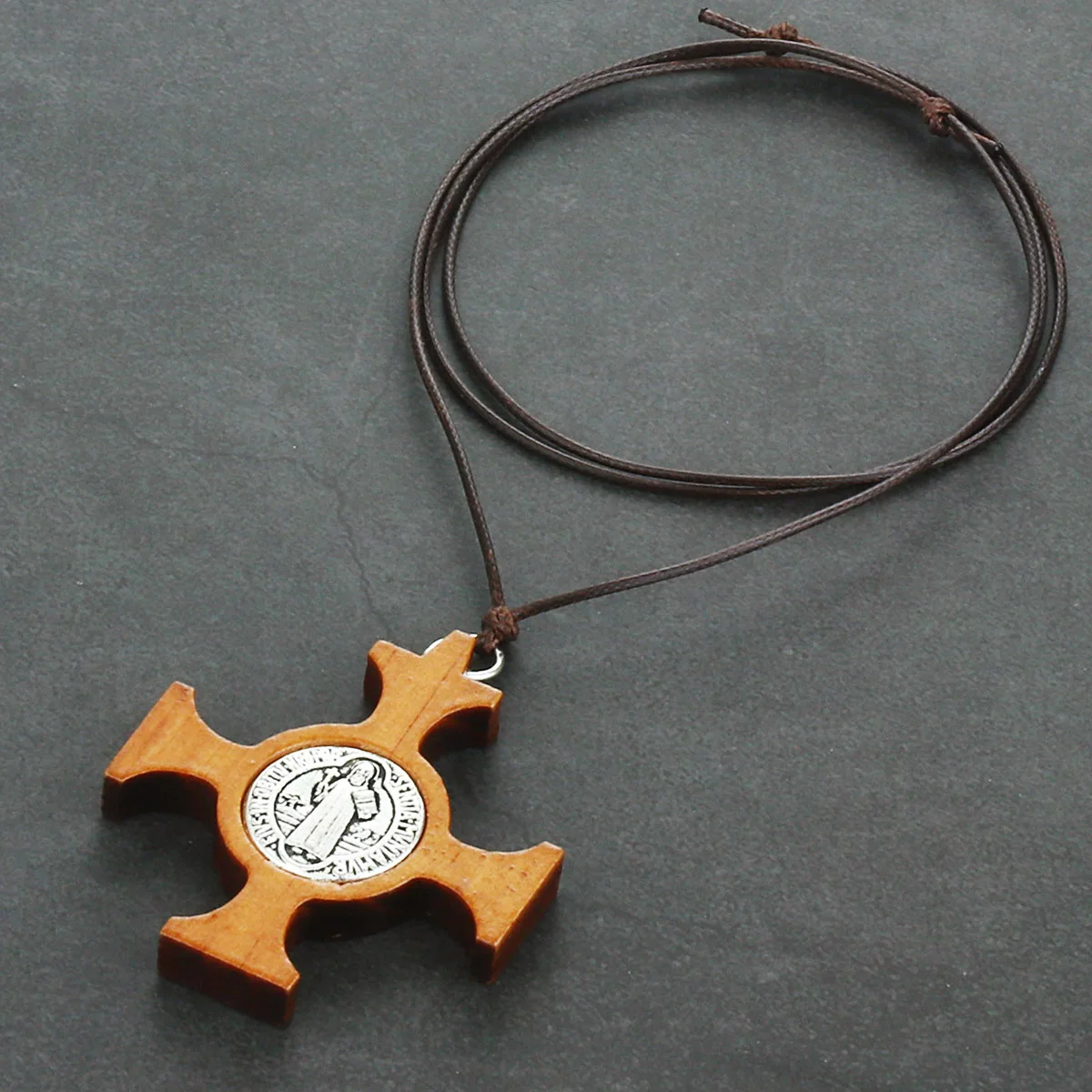 

Catholic Natural Wood Pendant Necklaces Prayer Saint Benedict Necklace Cross Leather Rope Chains INRI Exorcism Religious Jewelry