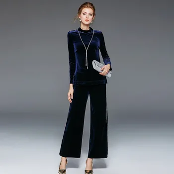 

Women Set Autumn 2019 New Solid color Long sleeve pullover tops + Fashion Elastic Waist Beading Pants Two piece set