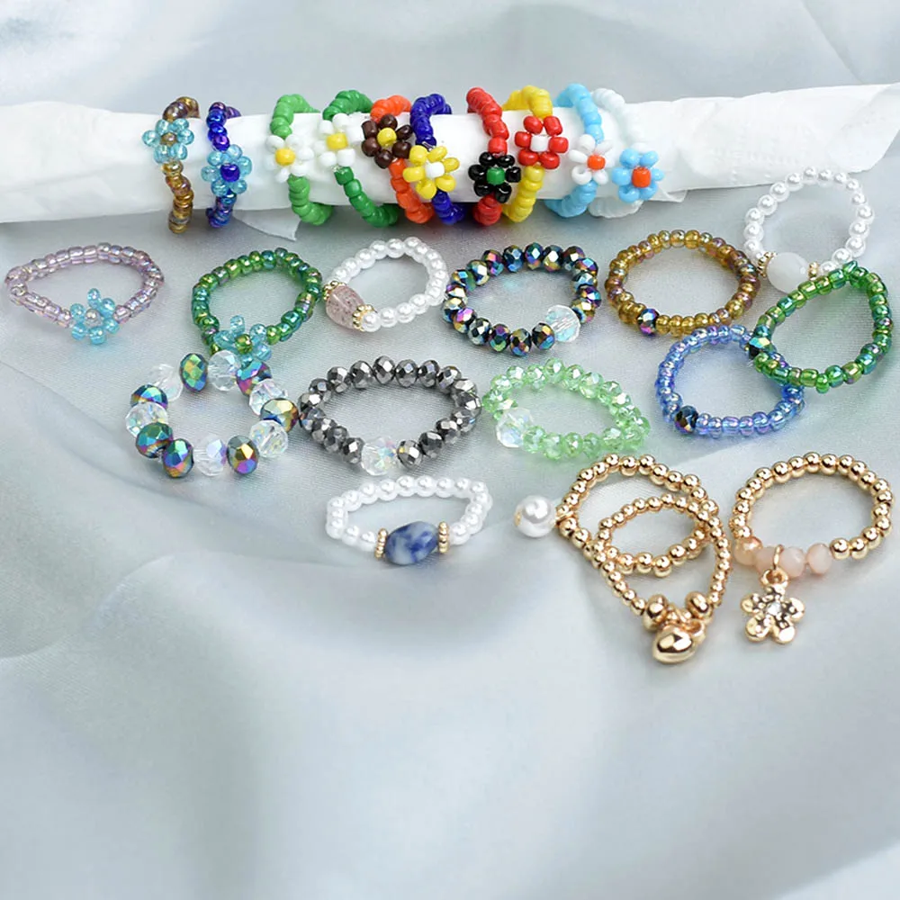 Anillo de perlas de imitación para mujer, sortija elástica de resina con cuentas azules y blancas, flor y corazón, anillo ajustable redondo para mujer, joyería Floral
