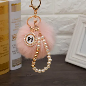 

Imitation Pearls Bag Charm Rabbit Fur Ball Keychains Novelty Trinket Keyring Holder For Women Bag&car Ornament