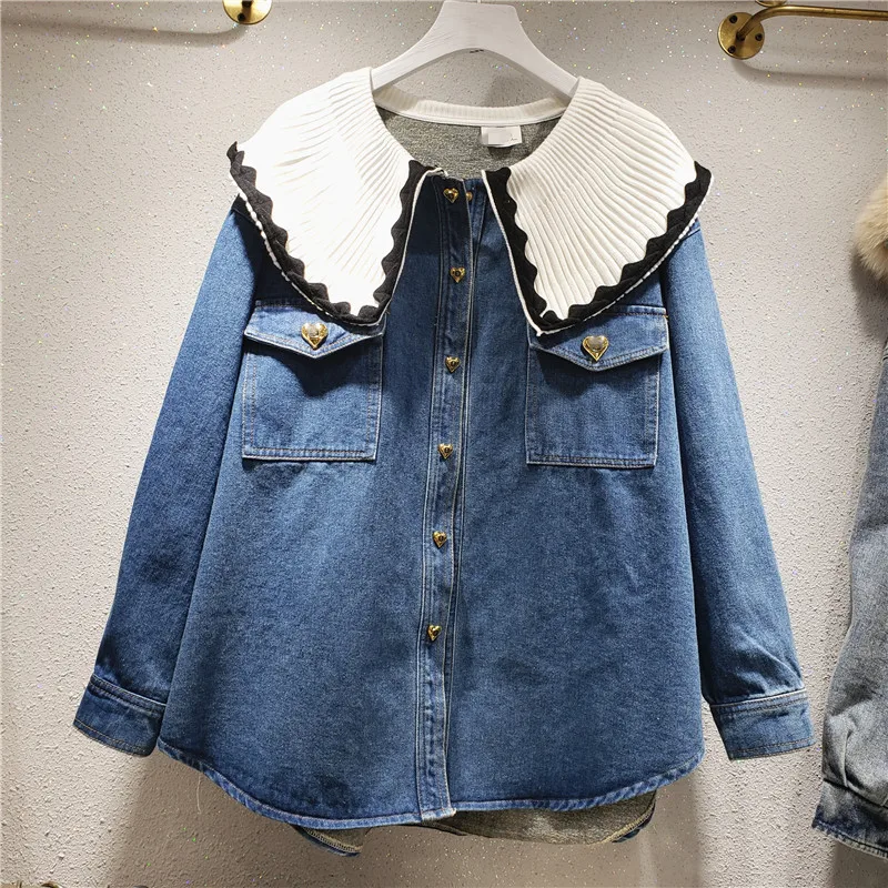 VANOVICH European and American White Lotus Leaf Collar Stitching Casual Denim Shirt 2022 Spring Autumn New Womens Tops | Женская одежда