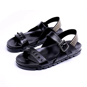 

sandals Summer black rivet fashion Genuine leather open-toed Roman cool-soled thick-soled men's sandals men Buckle sandals