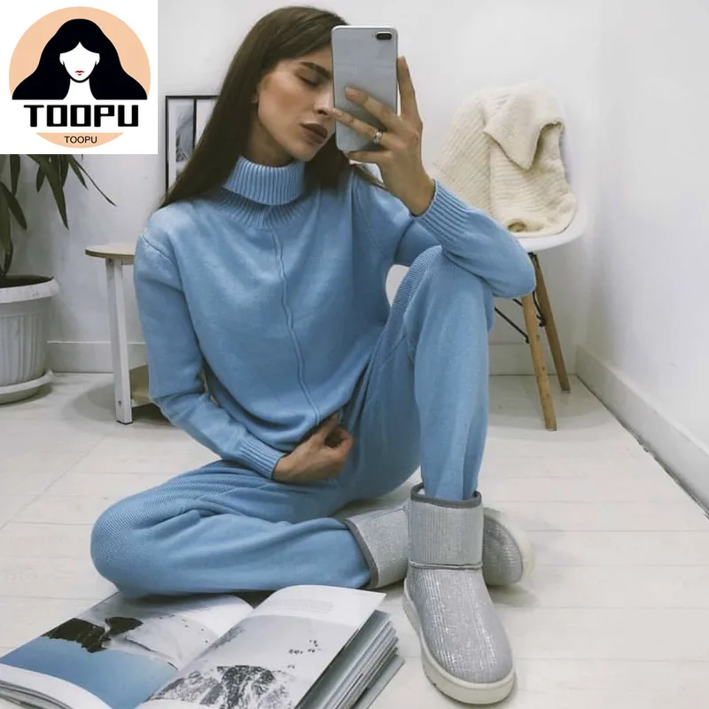 

Autumn Winter Women's tracksuit Solid Color Striped Turtleneck Sweater and Elastic Trousers Suits Knitted Two Piece Set