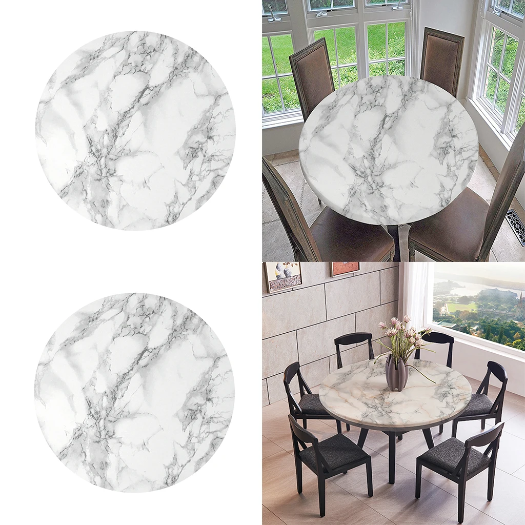 2-Pack Table Cloth Large Round Elastic Edge Fitted Vinyl Waterproof Table Cover - 47 Inches Diameter - Black Marble Pattern