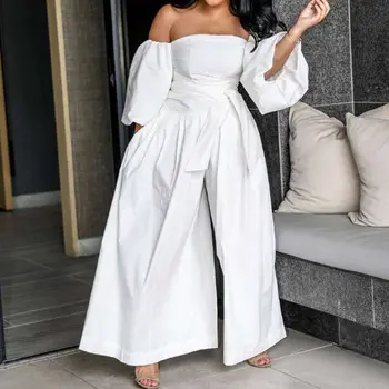 

Sexy Jumpsuit Women One Shoulder Long Sleeve Zipper Playsuit Rompers Straight Wide Legs Jumpsuits Female Party White Trousers