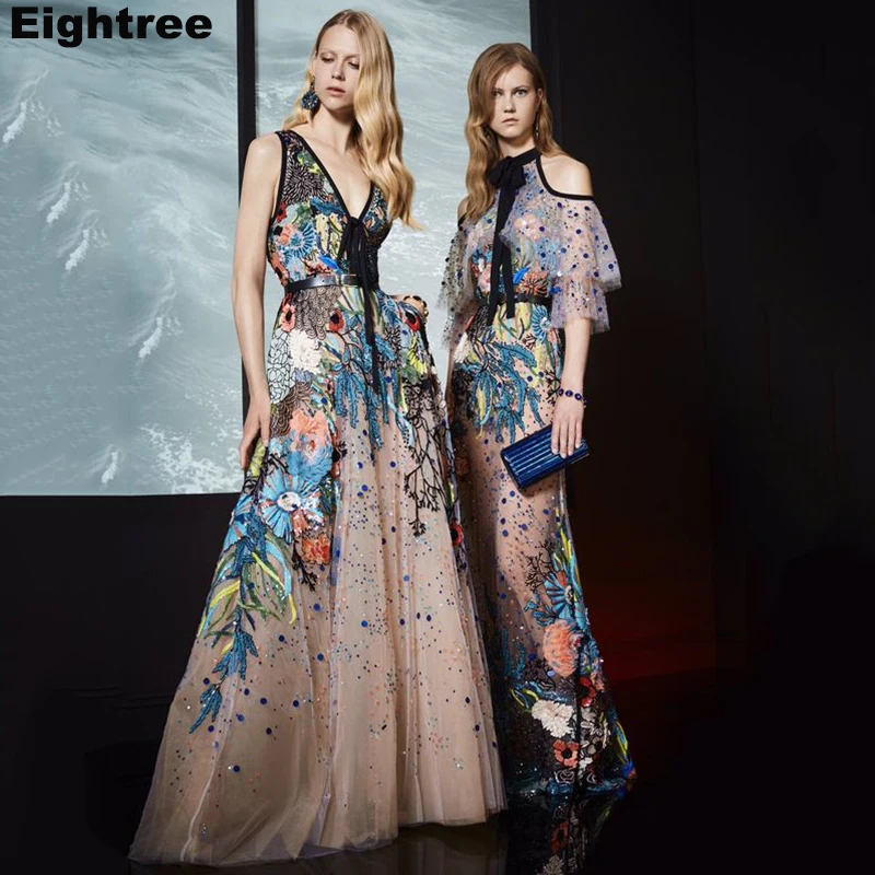 

Eightree Catwalk Fashion Evening Dresses Multi-Color Embroidered Lace Special Occasion Dresses Deep V Neck Formal Party Gown