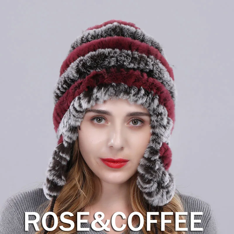 Теплая меховая шапка для холодной зимы, Женский Настоящий мех кролика, женская шапка-бомбер из натурального меха, вязаная брендовая модная шапка с помпонами, новое поступление - Цвет: rose coffee