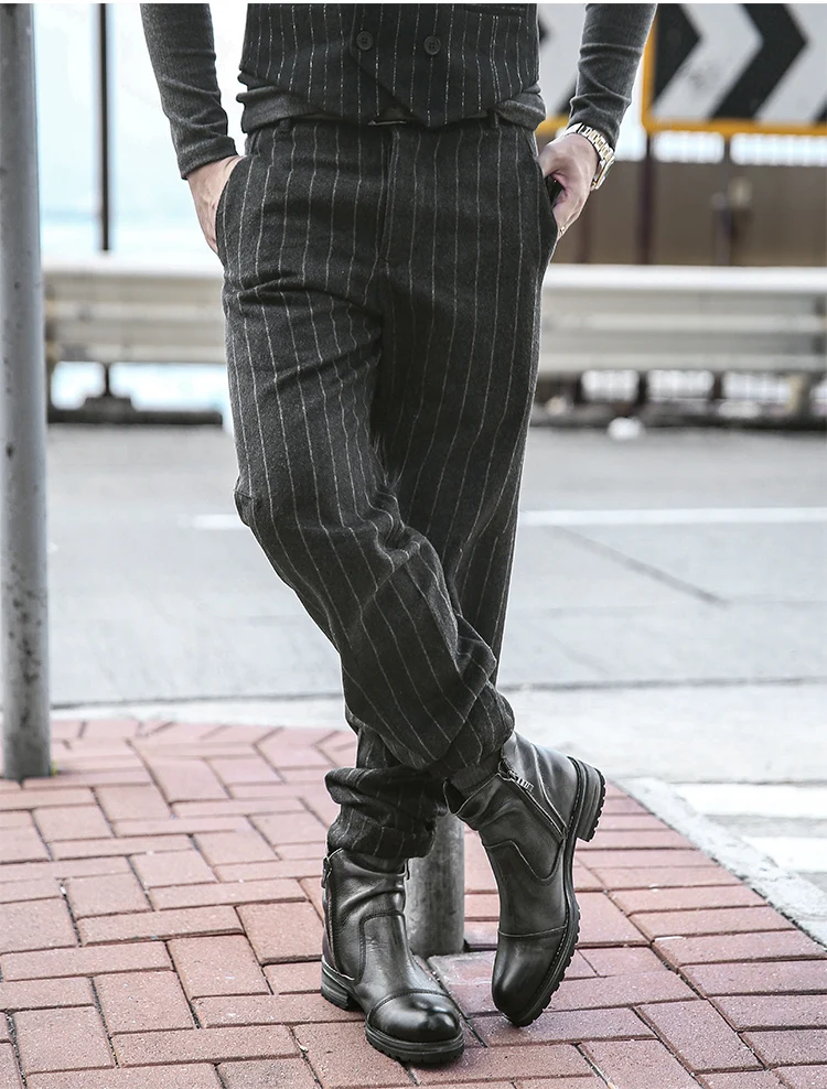Men Autumn New Style Vertical Pattern Cotton Trousers Casual Suit Pants
