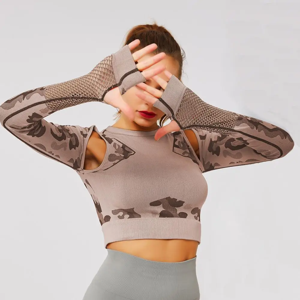 NCLAGEN Sexy Hollow Out Camouflage Yogaings T Shirt Women Patchwork Quick Dry Nylon Cropped Tops Activewear Camo Tee Shirts