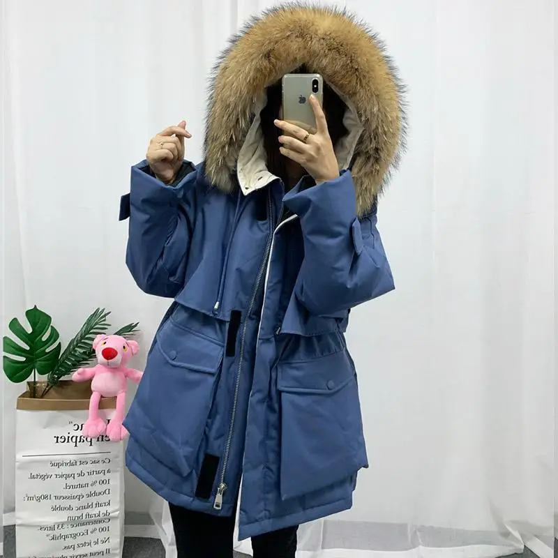 FTLZZ, новинка, натуральный мех, с капюшоном, зимняя, для женщин, белая, утиный пух, куртка, для снега, толстые парки, теплое пальто, водонепроницаемый, пуховик - Цвет: Blue   Brown Fur