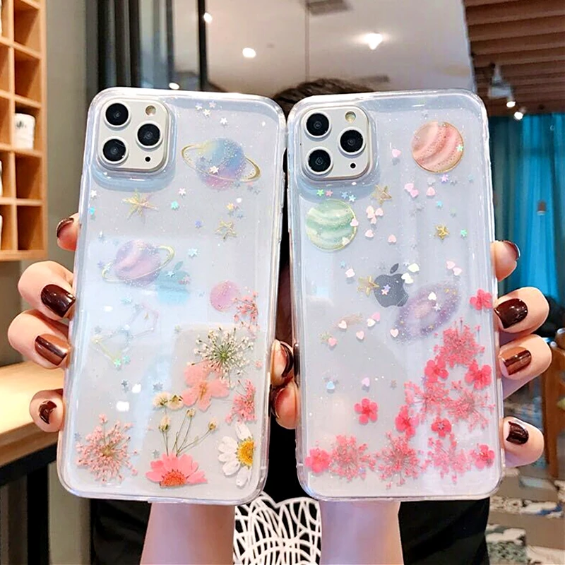 

Shining Glitter Space Planet Phone Case For iPhone 11 Pro Max X XS Max XR 6 7 8 Plus Real Flowers Dried Flowers Star Soft Cover