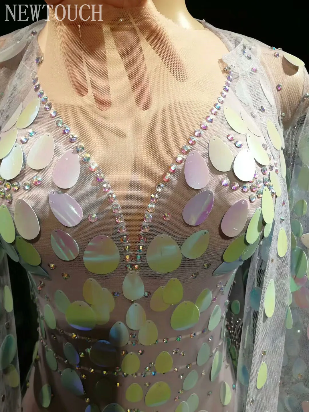 AB Rhinestone Sequin Sexy высокоэластичный боди с длинными рукавами женщины певица танцовщица яркий боди цельный плащ