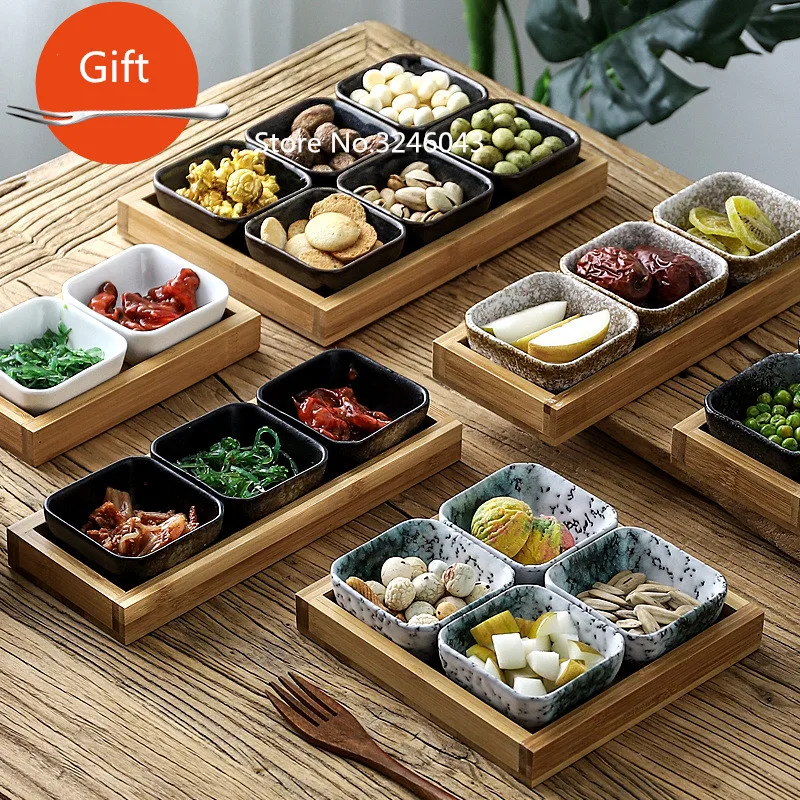Fruit Plate Ceramic Dessert Plates Snack Dish Creative ceramic grid fruit plate snack plate serving platter Japanese small dish with tray Home desktop dried fruit snack tray