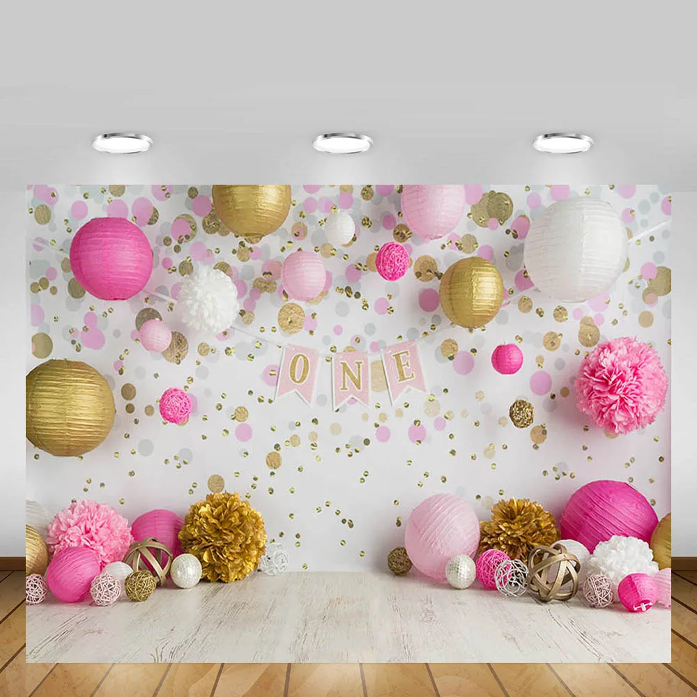 

Mehofond Photography Background Girl 1st Birthday Party Pink Gold Polka Dots Flower Decoration Backdrop Photophone Photo Studio