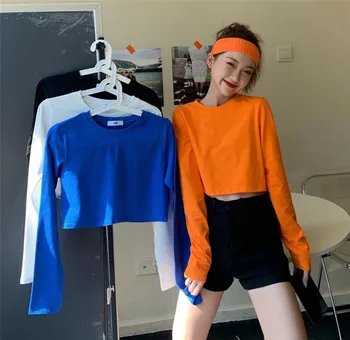 

2020 Women Full Sleeve Round Collar Cotton Cropped Tee Shirts Lady Solid Loose Basic Thin Crop Tops T-shirts For Girls