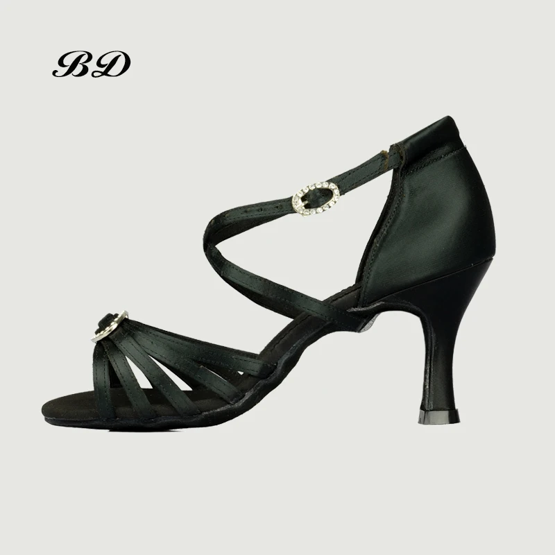 TOP Latin Dance shoes Women Cowhid Soft Sole Dance Heel Cover Bag  BD 290 Double Diamond Buckle BLACK SATIN 7.5 CM HEEL SALSA