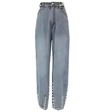 Весна-Осень, модные джинсы с бусинами, женские свободные прямые джинсы с высокой талией для работы