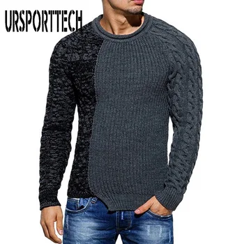 

URSPORTTECH Men Sweater Fashion Round Neck Personality Color Matching Wild Pullover Slim Sweater Versatile Pullover Slim Sweater
