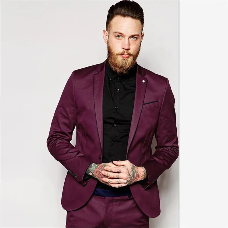 

Mens Suits (Jacket+Pants) Latest Coat Pant Designs Tailor Made Wedding Suits For Men Purple/Burgundy Formal Groom Tuxedo Prom